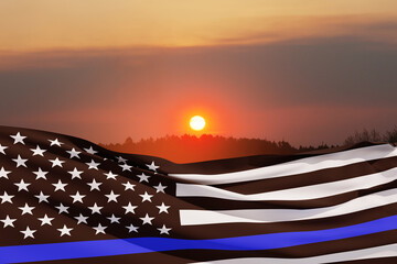 Wall Mural - American flag with police support symbol Thin blue line on sunset sky. American police in society as the force which holds back chaos, allowing order and civilization to thrive. 3d-rendering.