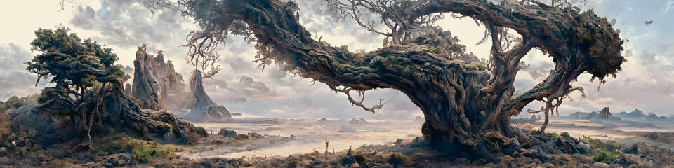 Wall Mural - Artistic concept painting of a beautiful fantasy mystical tree landscape, surrealism. Tender and dreamy design, background illustration.