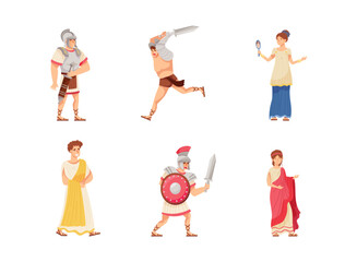 Wall Mural - Romans Man and Woman in Traditional Ethnic Clothing with Warrior and Patrician Vector Illustration Set