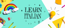 Learn Italian Theme With School Supplies Overhead View - Flat Lay