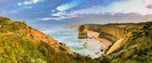 The Twelve Apostles Rock Formations Along The Great Ocean Road, Panoramic Aerial View - Victoria, Australia