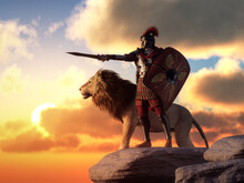 A Roman Centurion Wearing Lorica Segmentata Armor And Carrying A Shield Stands Atop A Cliff Before A Brilliant Sunset, Pointing With A Gladius.  At His Side Stands A Massive Male Lion. 3D Rendering