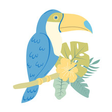Blue Toucan Sitting On A Branch In Profile In Flat Style In A Green-yellow Palette.