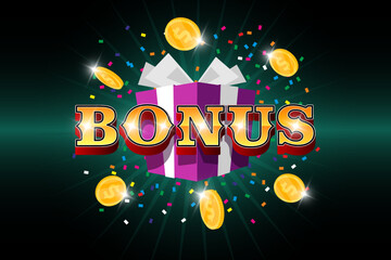 Bonus word with flying gold dollar coins and gift box on confetti background. Win prize celebration promo banner. Loyalty program or casino winning concept. Earn and money income vector illustration