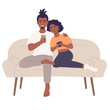 © justpictures - Couple sitting together on sofa and wathcing smartphone. Lovers spending time together.