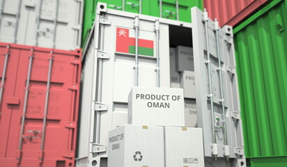 Wall Mural - Boxes with goods from Oman and cargo containers. National economy related conceptual 3D rendering