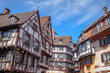 Colmar alsatian architecture at springtime with flowers, Eastern France