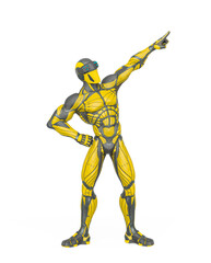 super hero is pointing up and showing the way in an exosuit