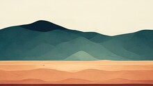 Flat 2d, Minimalistic Desert. 4k Wallpaper Showing An Orange Desert With Hills, Mountains, Sand, Sky And Clouds. Vintage Landscape Background.