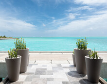 Beautiful View Of Turquoise Water In Maldives Island With Vases And Plants In The Foreground 