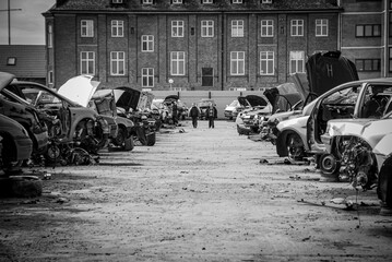 Two men walking between lines of crashed cars on car graveyard