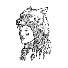 Wall Mural - Native American Woman Wearing Wolf Head