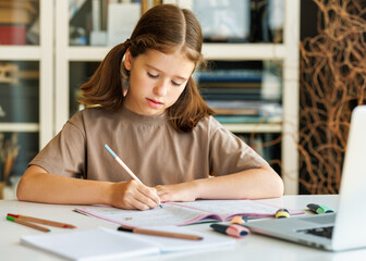 Wall Mural - Smart girl making notes during online lesson