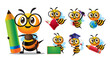 © charactoon - Cartoon cute bee character with glasses back to school series with different poses. Cute Bee holding pencil, holding book, carry blackboard and globe. Bee mascot set illustration