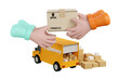 3D. Cartoon hand accepting a delivery of boxes from deliveryman.