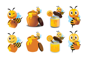 Flat design and 3D style cartoon cute bee mascot set. Cartoon cute bee with honey pot set. Cute bee carries honey pot and organic honey bottle. Vector character mascot set