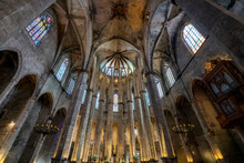 The Gothic Interior Of The Basilica Of Santa Maria Del Mar Church In The Ribera District Near The Gothic Quarter Of Barcelona, Spain.	
