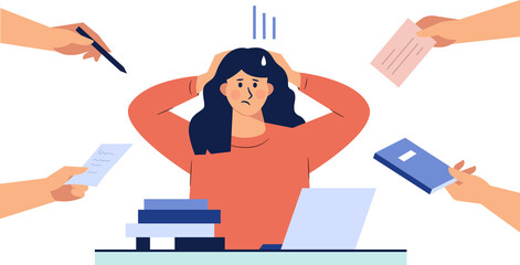 Business woman is holding her hair under stress during work