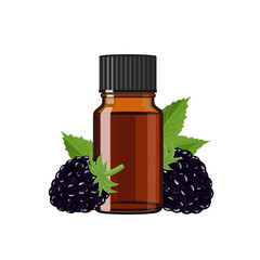 Wall Mural - Blackberry essential oil in brown glass bottle, herbal alternative medicine treatment product, vector Illustration on white background