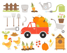 Farming Big Collection. Pumpkin Truck, Garden Tools, Rooster And Hen, Beehive And Bee, Carrot Patch, Wooden Fence, Straw Hat And Pumpkin, Tomatoes And Grains. Vector Illustration. Isolated Elements.