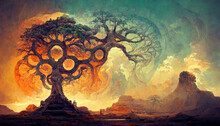 Beautiful Tree Of Life, Sacred Symbol. Individuality, Prosperity And Growth Concept. Digital Art.