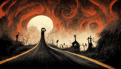 Apocalyptic highway to hell. Life after death religious concept illustration. 3D illustration.