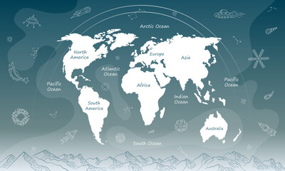 world map for kids with space planets, stars, rocket, meteors. mural space doodle hand drawn, fresco