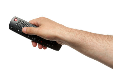 Changing TV program: close up of human hand holding television remote control isolated on white background