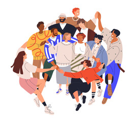 Wall Mural - People circle, united group for support, network. Multiethnic community, unity. Diverse happy characters team hug together. Flat graphic vector concept illustration isolated on white background