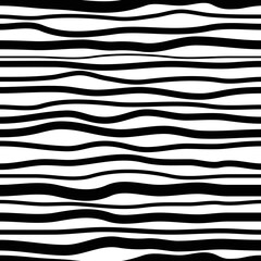 Poster - Black curved stripes on white background. Simple monochrome undulating pattern. Optical art, seamless dynamic texture. Soft waves of different thickness. Vector template