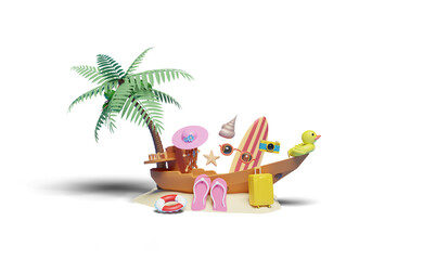 3d boat with helm, stern wheel, suitcase, palm tree, lifebuoy, yellow duck, island, camera, surfboard, sandals isolated. summer travel concept, 3d render illustration