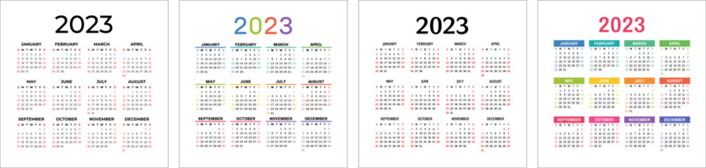 Calendar template 2023 set. Color english square calender collection