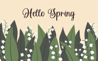 Wall Mural - Hello Spring. Lily of the valley. convallaria majalis. Spring flowers and lush foliage on a  horizontal background. Vector.