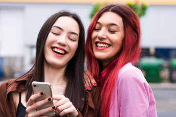 Wall Mural - funny young girls looking at mobile phone