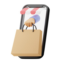 online shopping with hand holding bag 3d illustration