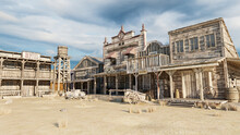 3D Illustration Rendering Of An Empty Street In An Old Wild West Town With Wooden Buildings.