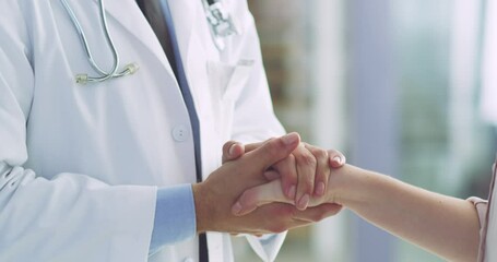 Wall Mural - Healthcare, support and trust while doctor holds hand of a patient while talking in a hospital. Medical professional sharing bad news during consultation while comforting a woman sick with cancer