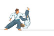 Single continuous line drawing of two young sportive men wearing kimono practice throeing in aikido fighting technique. Japanese martial art concept. Trendy one line draw design vector illustration