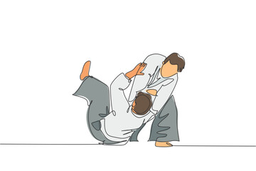 One single line drawing of two young energetic men wearing kimono exercise aikido throw technique in sport hall vector illustration. Healthy lifestyle sport concept. Modern continuous line draw design