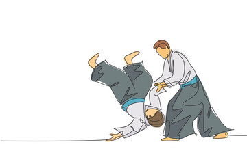 Wall Mural - One single line drawing two young energetic men wearing kimono exercise aikido fighting in sports hall vector graphic illustration. Healthy lifestyle sport concept. Modern continuous line draw design