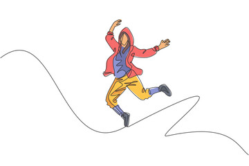 One continuous line drawing of young sporty break dancer man show hip hop jumping dance style in the street. Urban lifestyle sport concept. Dynamic single line draw design vector graphic illustration