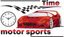Race Time Vector Banner. Red Race Car, Start-finish Flag, Timer And Inscription In English.