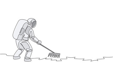 Wall Mural - One continuous line drawing of spaceman leveling and flattening land using metal rake in moon surface. Deep space farming astronaut concept. Dynamic single line draw design vector illustration graphic