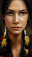 Portrait Of A Fictional Comanche Indian Woman. An Ancient Indian Huntress Against The Background Of The Forest. Perfect For Phone Wallpaper Or For Posters.