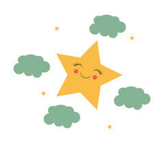 Wall Mural - Cute yellow smiling vector little star isolated on white background