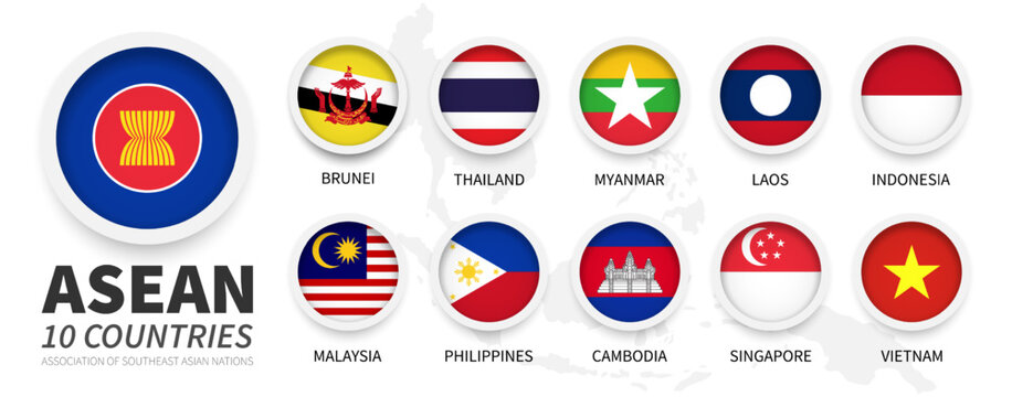 Fototapete - ASEAN . Association of Southeast Asian Nations and membership flags . Flat simple circle design with white frame . South east asia map on background . Vector .