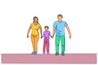 One single line drawing of young happy family mom and dad lead their son walking together holding his hands vector graphic illustration. Parenting education concept. Modern continuous line draw design