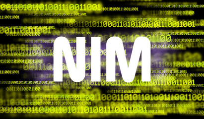 Wall Mural - word nim and abstract cyberspace with binary code on dark background. nim programming language.