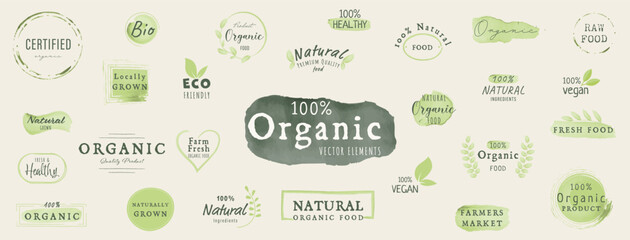 Premium quality organic elements for food market, ecommerce, organic products promotion, restaurant, healthy life. Organic green vegan stickers. Vector illustration concepts for web design, packaging