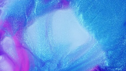 Wall Mural - Fluid art drawing footage, abstract acrylic texture with flowing effect. Liquid paint mixing backdrop with splash and swirl. Artistic background motion with glitter, pink and blue overflowing colors.